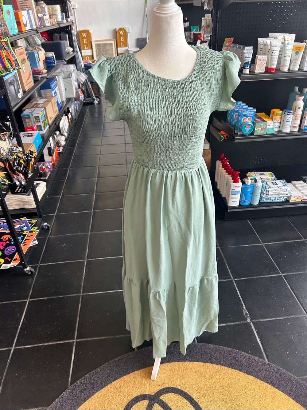 Smocked Sage Midi Dress with Flutter Sleeves